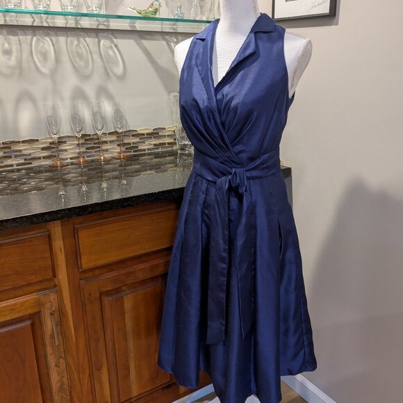 Evan Picone Belted Faux Wrap Dress Womens Size 6 Royal Blue Navy Cocktail Midi - Picture 1 of 5